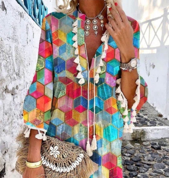 Tassel Geometric V Neck 3/4 Sleeve Plus Size Casual Dresses - Picture 2 of 3